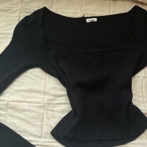 Garage Black Ribbed knit Square Neck Long Sleeve Top